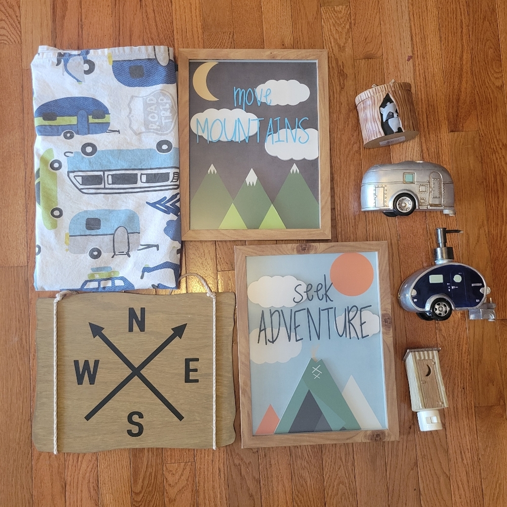 Adventure Camping Themed Wall Art and Bathroom Decor Set/Shower Curtain